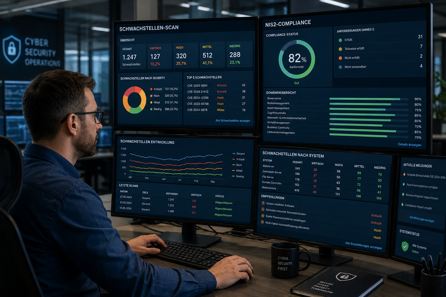 Schwachstellenmanagement NIS2-konform: IT-Sicherheitsexperte analysiert Scan-Ergebnisse und Compliance-Dashboard 2026