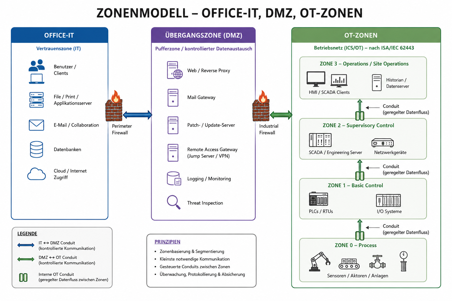 Zonenmodell der OT-Segmentierung nach IEC 62443 mit Office-IT, DMZ und Produktionszonen